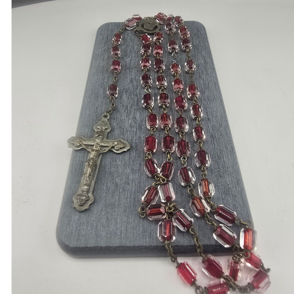 Vintage Estate Rosary Necklace Red Crystal Beaded Crucifix 22in